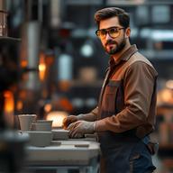 Moritz Keller steht vor einem Ofen mit Schutzbrille und Werkzeugen im Produktionsbereich
