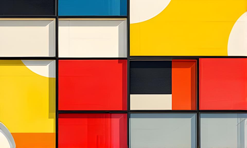Architekturkeramik mit Mondrian-Effektglasur an einer hellen Fassadenfläche mit geometrischen Farbblöcken