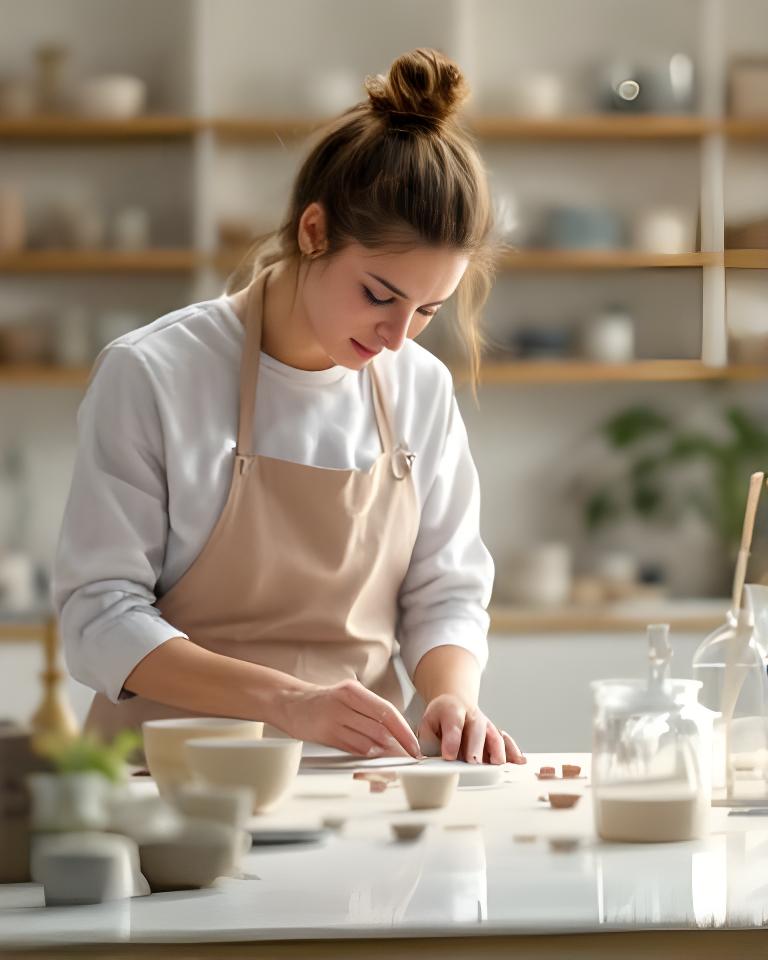 Firmengründerin in einer hellen Keramikwerkstatt mit Glasurproben und Messbechern auf dem Arbeitstisch
