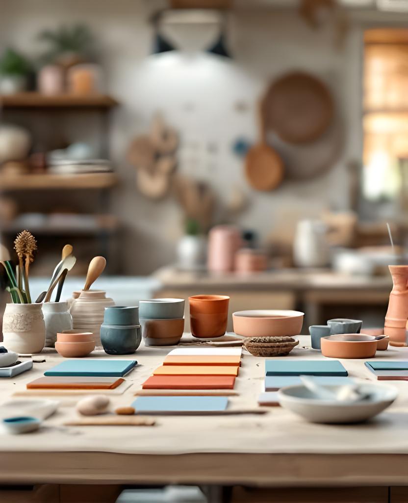 Ceramic glaze samples and studio tools arranged on a workbench in a bright Zürich workshop